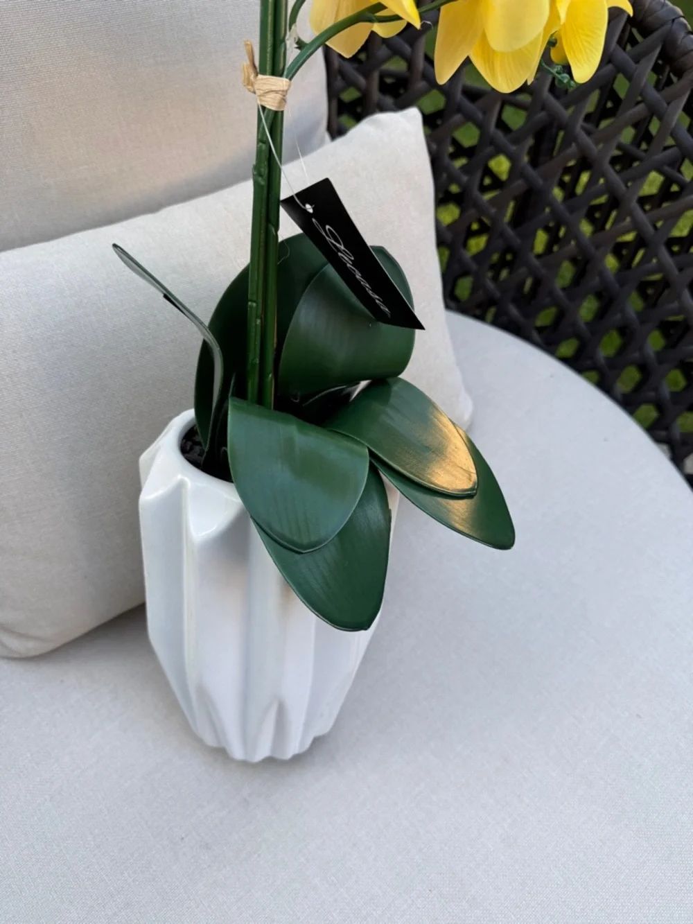Yellow Faux Orchid in White Ceramic Vase - Home Accents